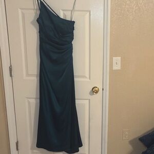 Signature Teal Satin Asymmetrical Slip Maxi Dress